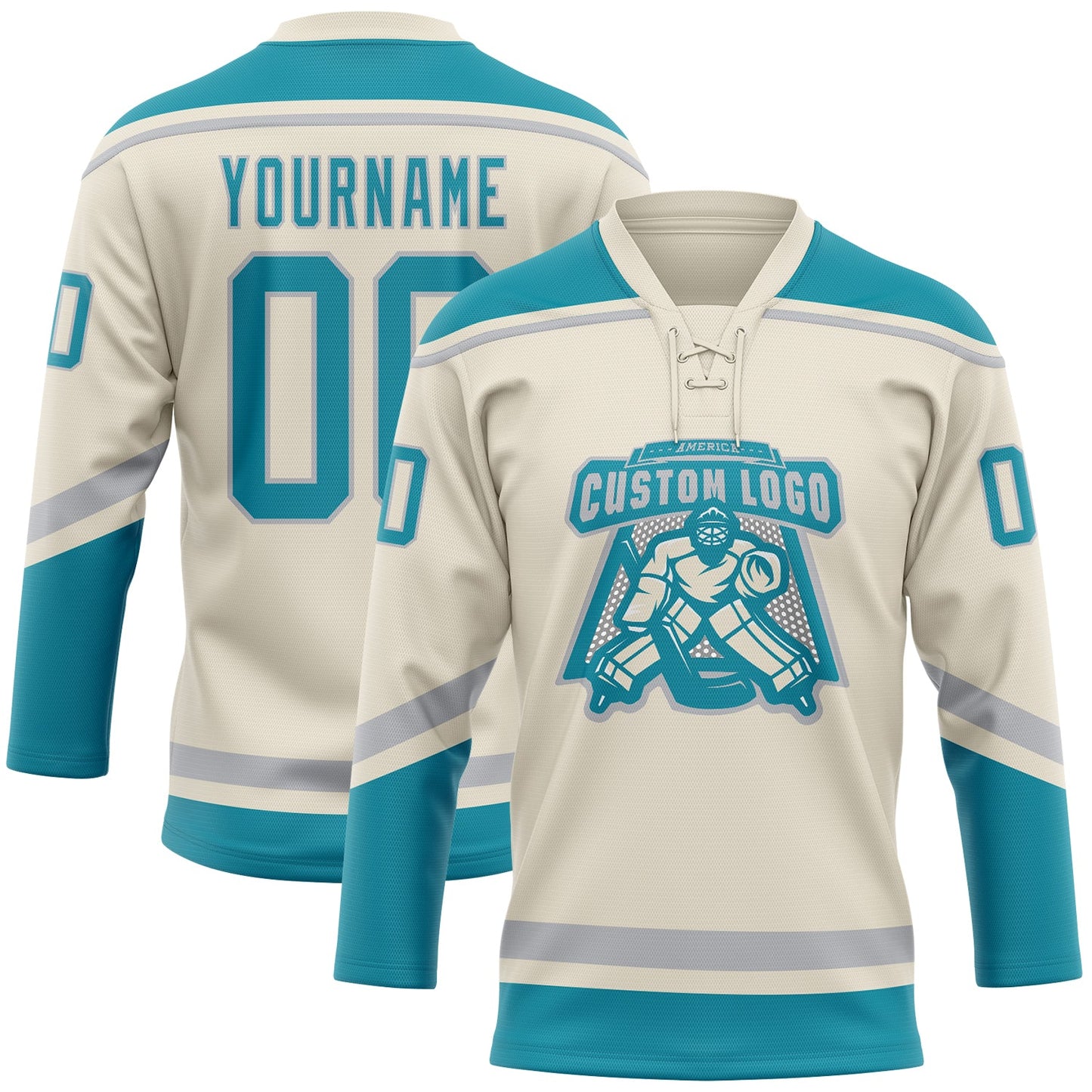 Custom Cream Teal-Gray Hockey Lace Neck Jersey - Sky-Custom