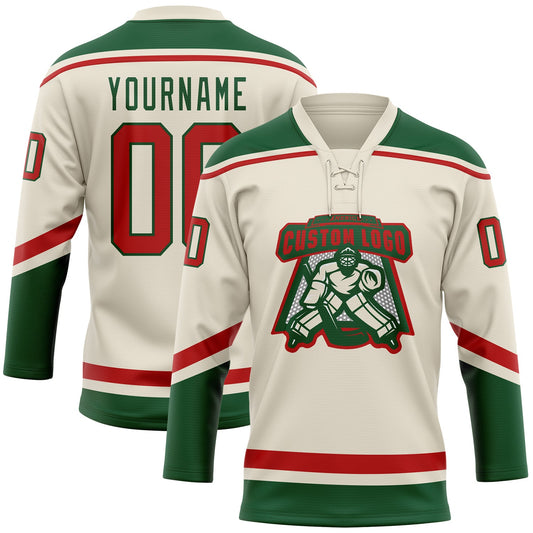 Custom Cream Red-Green Hockey Lace Neck Jersey - Sky-Custom