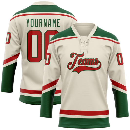 Custom Cream Red-Green Hockey Lace Neck Jersey - Sky-Custom