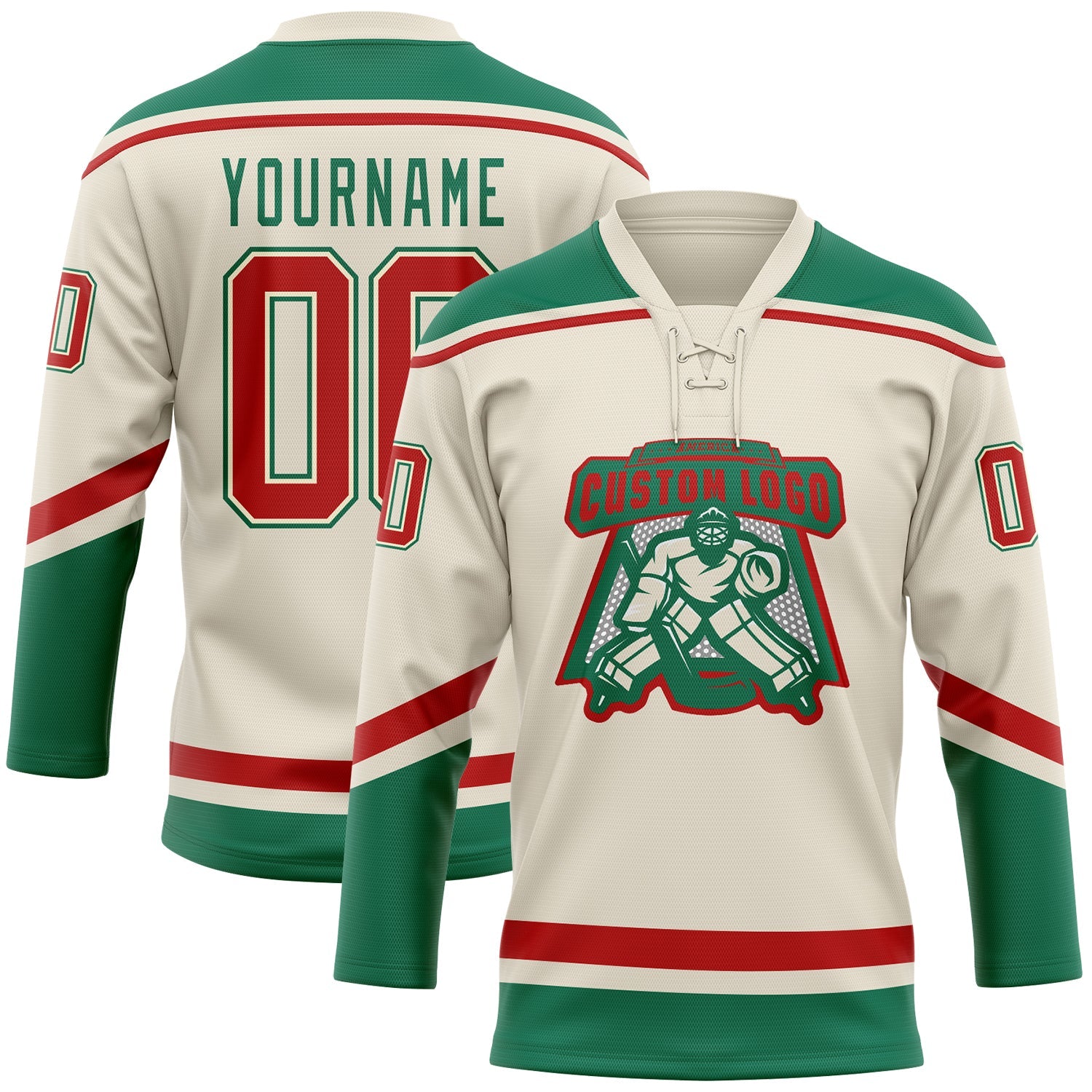 Custom Cream Red-Kelly Green Hockey Lace Neck Jersey - Sky-Custom