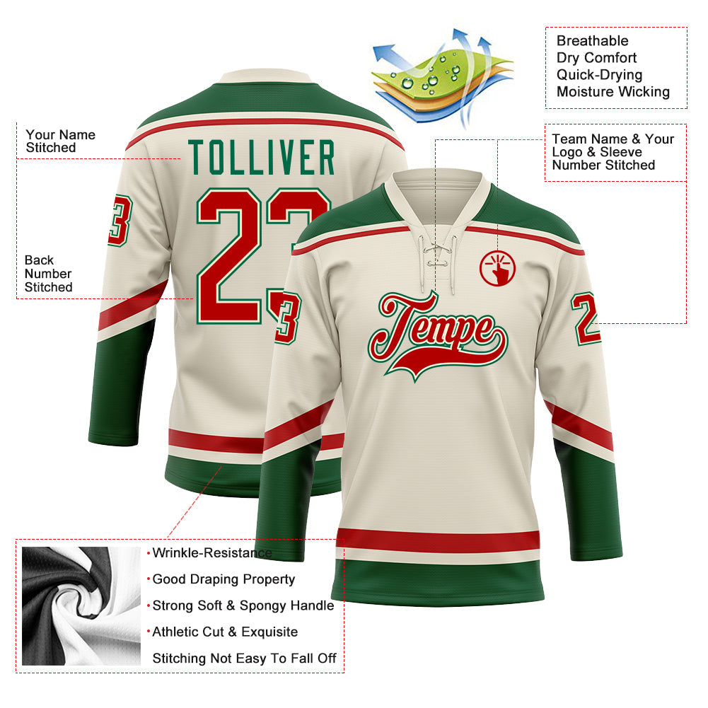 Custom Cream Red-Kelly Green Hockey Lace Neck Jersey - Sky-Custom