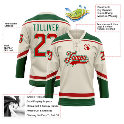 Custom Cream Red-Kelly Green Hockey Lace Neck Jersey - Sky-Custom