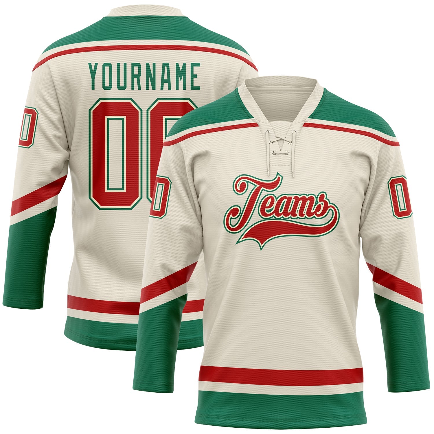 Custom Cream Red-Kelly Green Hockey Lace Neck Jersey - Sky-Custom