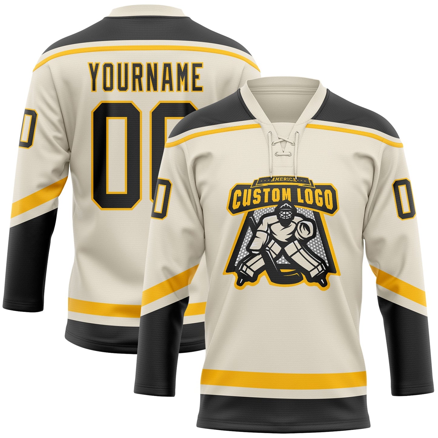 Custom Cream Black-Gold Hockey Lace Neck Jersey - Sky-Custom