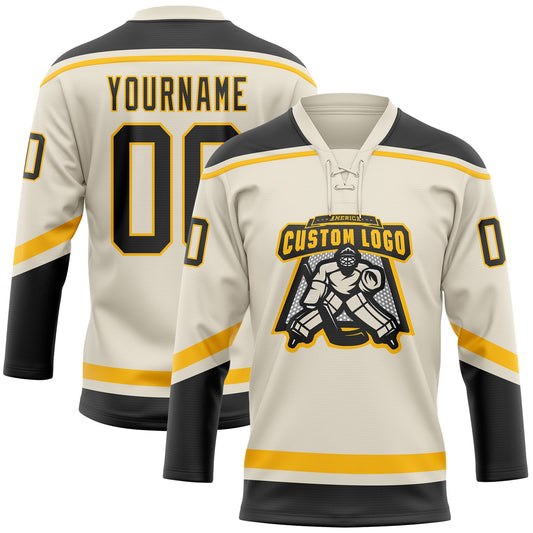 Custom Cream Black-Gold Hockey Lace Neck Jersey - Sky-Custom