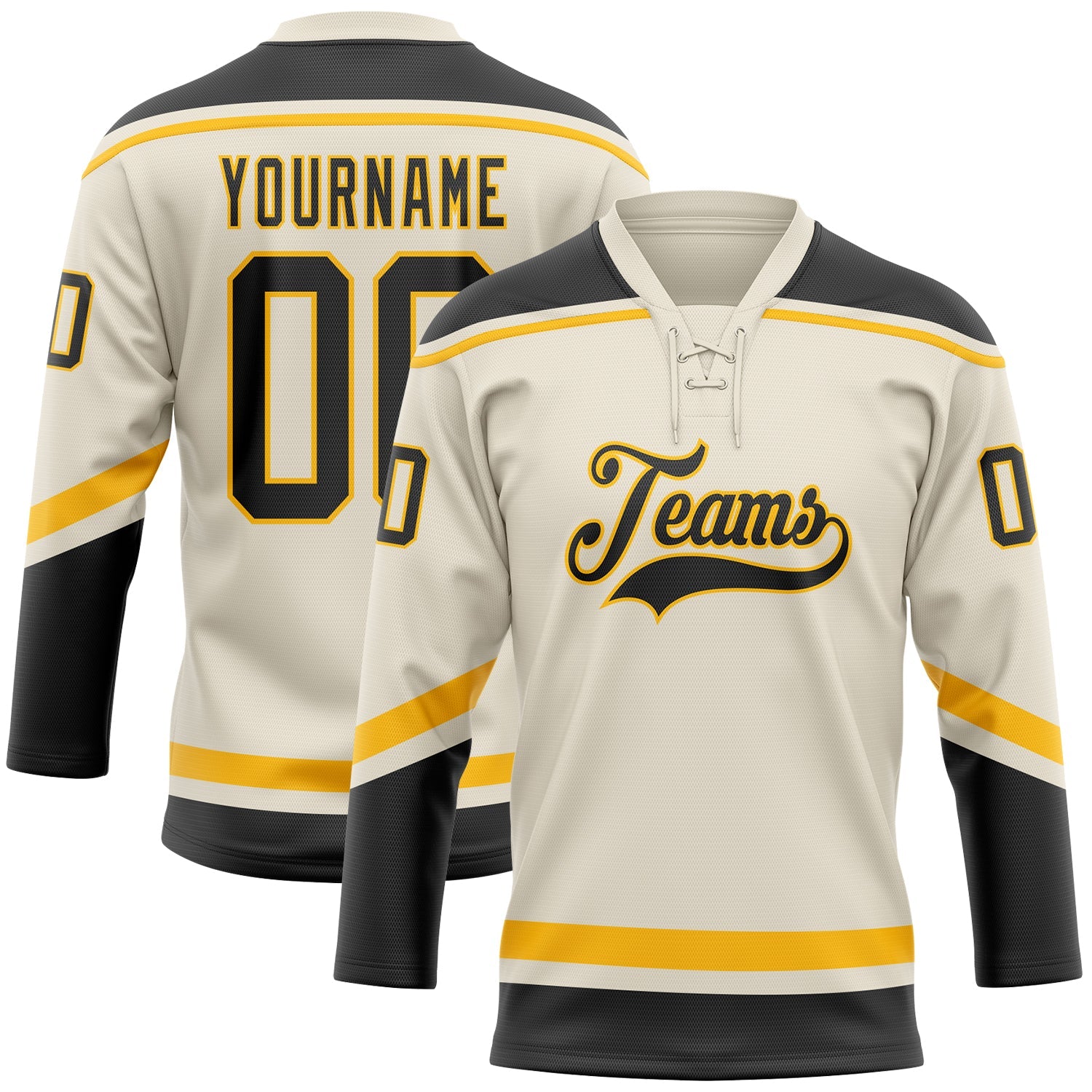 Custom Cream Black-Gold Hockey Lace Neck Jersey - Sky-Custom