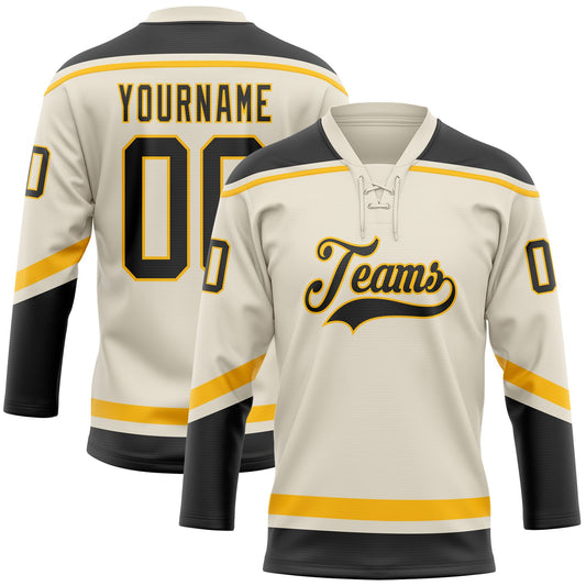 Custom Cream Black-Gold Hockey Lace Neck Jersey - Sky-Custom