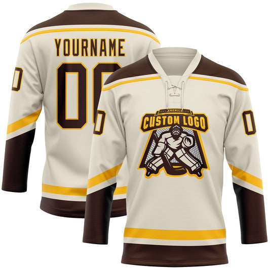 Custom Cream Brown-Gold Hockey Lace Neck Jersey - Sky-Custom