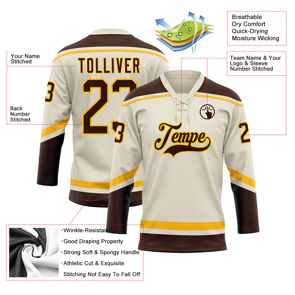 Custom Cream Brown-Gold Hockey Lace Neck Jersey - Sky-Custom