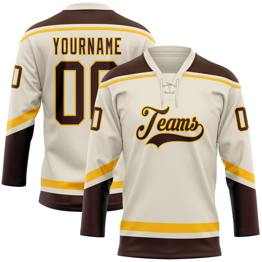 Custom Cream Brown-Gold Hockey Lace Neck Jersey - Sky-Custom