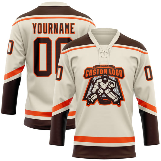 Custom Cream Brown-Orange Hockey Lace Neck Jersey - Sky-Custom