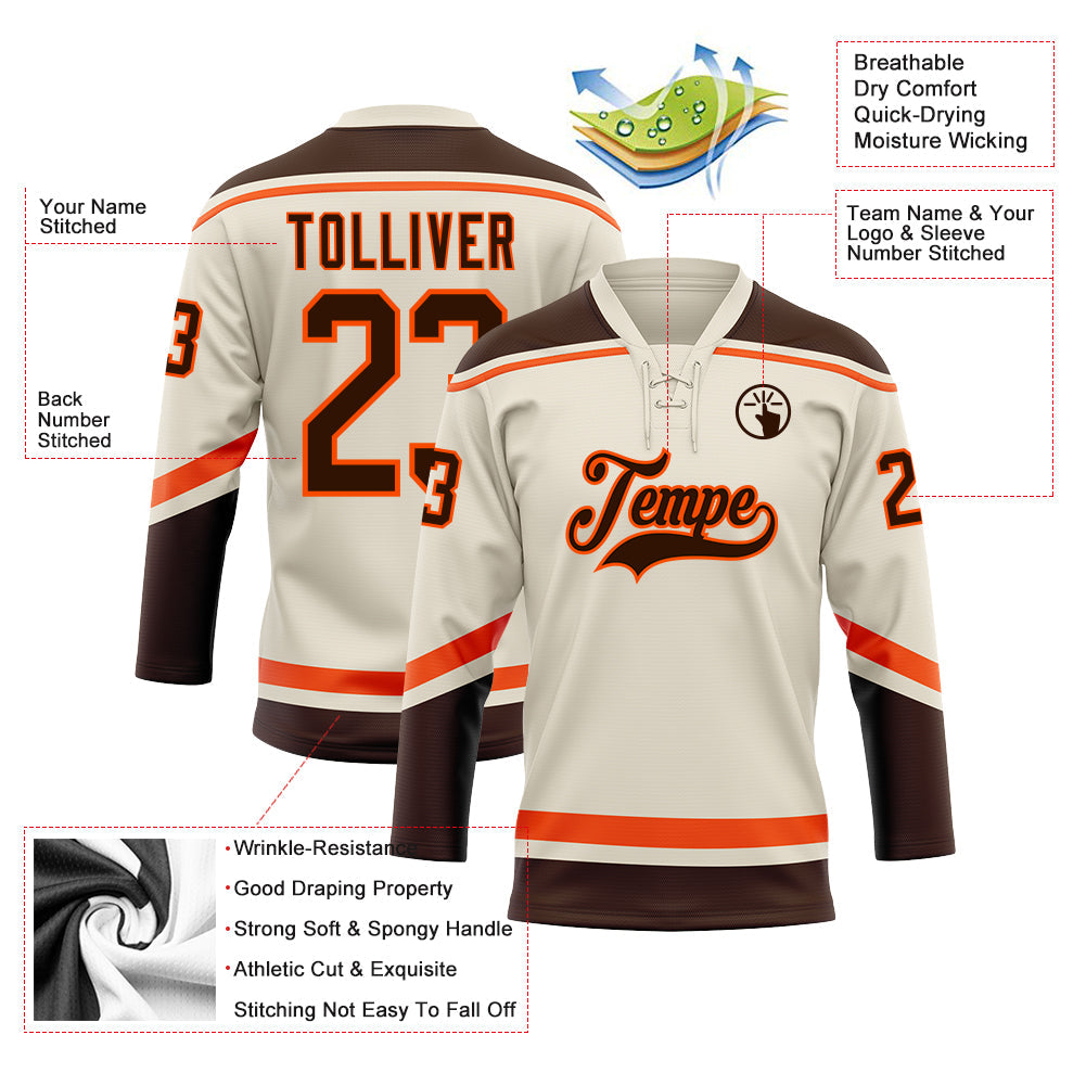 Custom Cream Brown-Orange Hockey Lace Neck Jersey - Sky-Custom