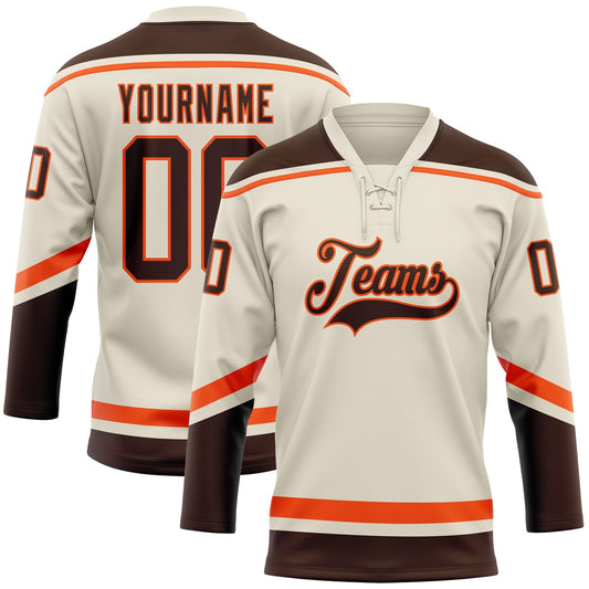 Custom Cream Brown-Orange Hockey Lace Neck Jersey - Sky-Custom