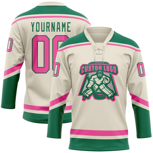 Custom Cream Pink-Kelly Green Hockey Lace Neck Jersey - Sky-Custom