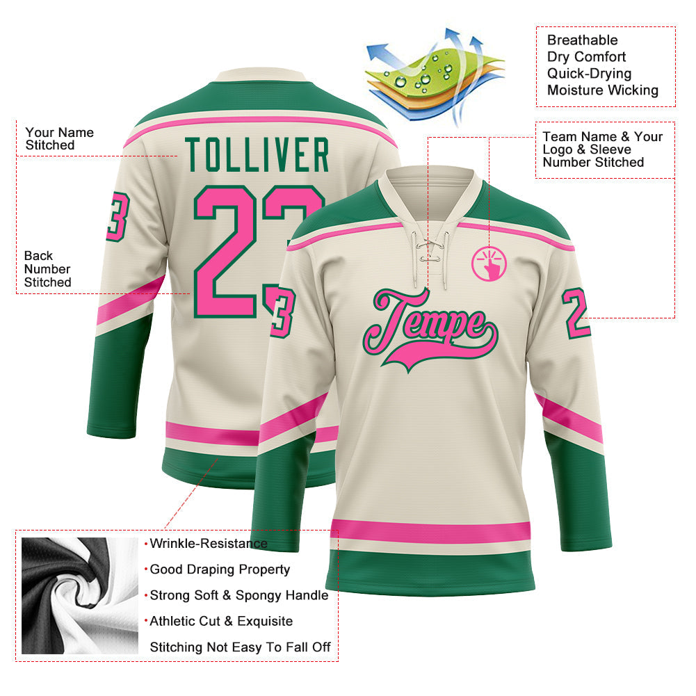 Custom Cream Pink-Kelly Green Hockey Lace Neck Jersey - Sky-Custom
