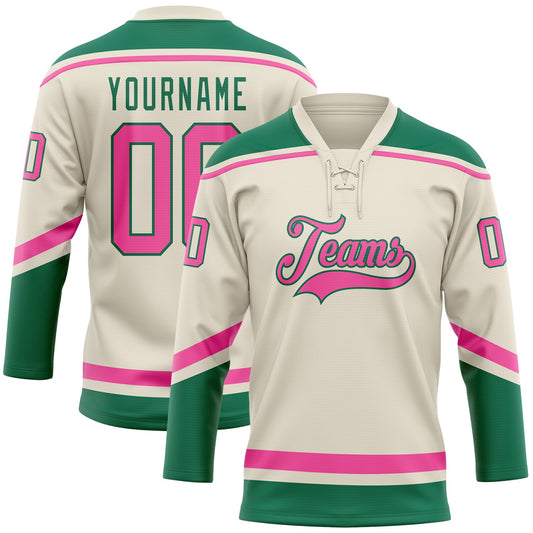 Custom Cream Pink-Kelly Green Hockey Lace Neck Jersey - Sky-Custom