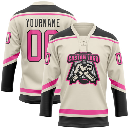 Custom Cream Pink-Black Hockey Lace Neck Jersey - Sky-Custom