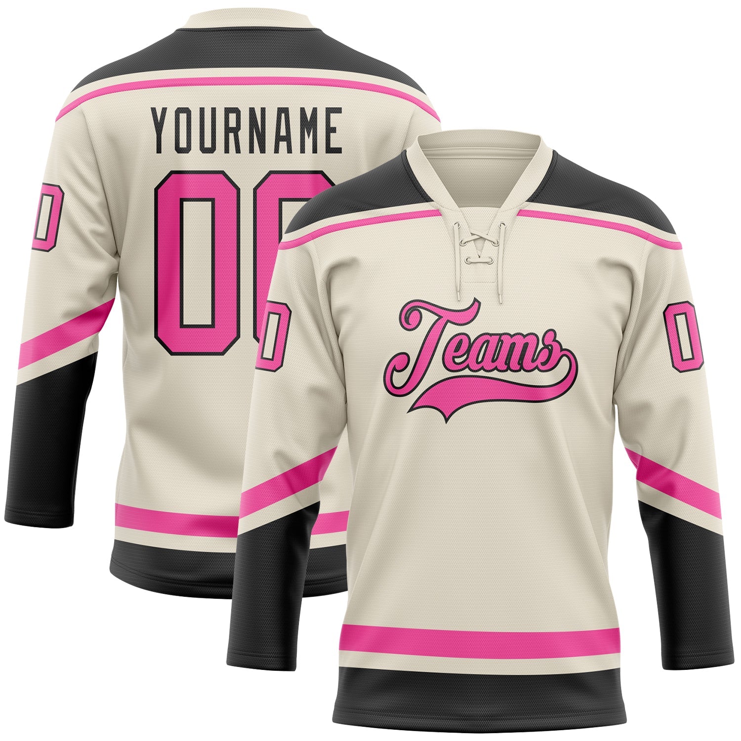 Custom Cream Pink-Black Hockey Lace Neck Jersey - Sky-Custom