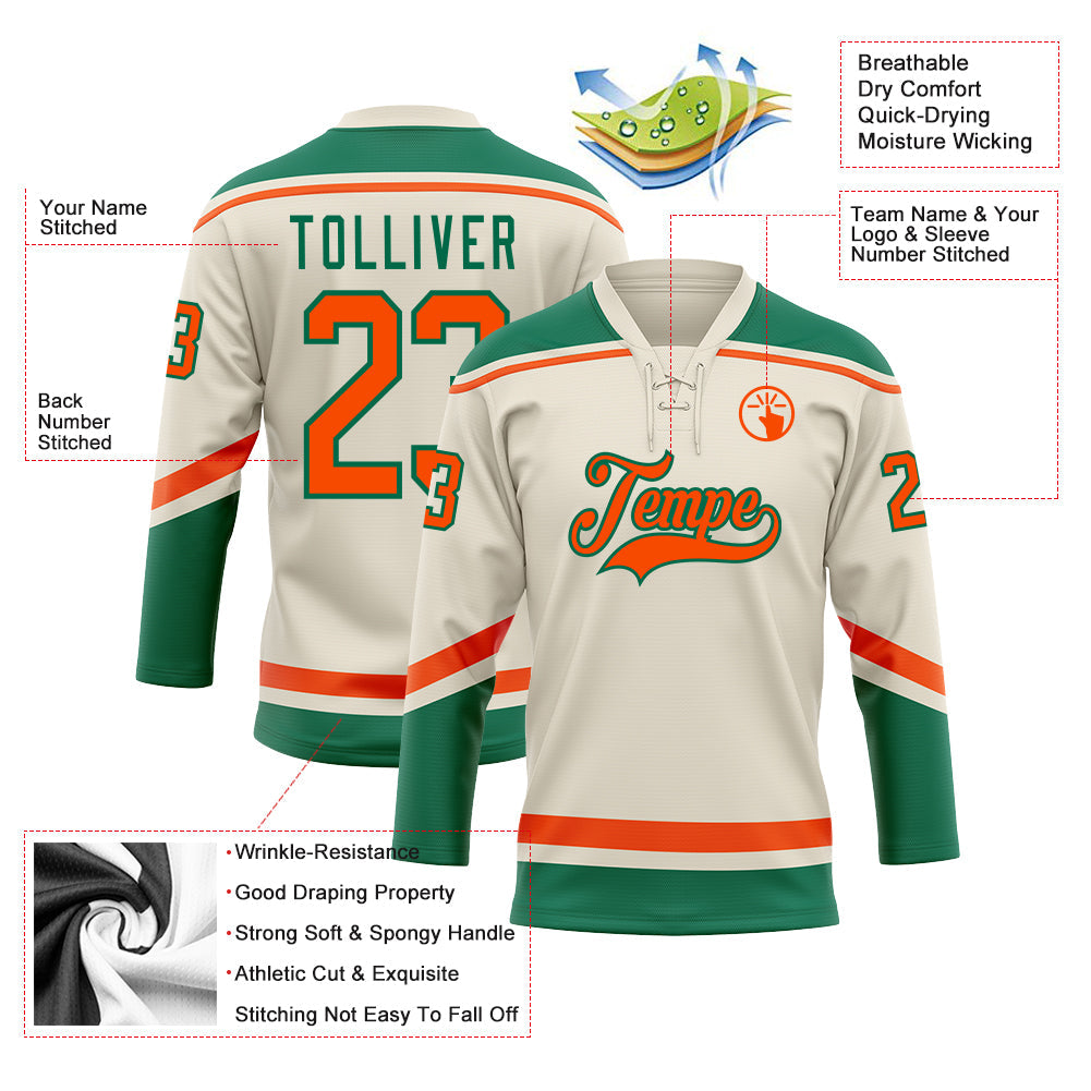 Custom Cream Orange-Kelly Green Hockey Lace Neck Jersey - Sky-Custom