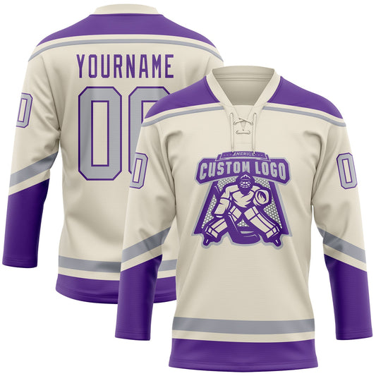 Custom Cream Gray-Purple Hockey Lace Neck Jersey - Sky-Custom