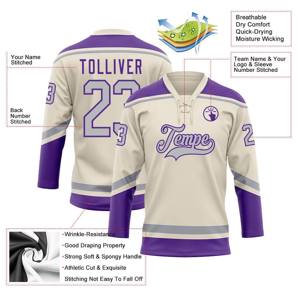 Custom Cream Gray-Purple Hockey Lace Neck Jersey - Sky-Custom