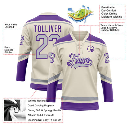Custom Cream Gray-Purple Hockey Lace Neck Jersey - Sky-Custom