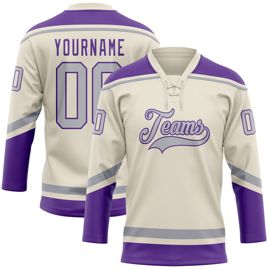 Custom Cream Gray-Purple Hockey Lace Neck Jersey - Sky-Custom