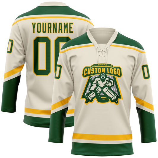 Custom Cream Green-Gold Hockey Lace Neck Jersey - Sky-Custom