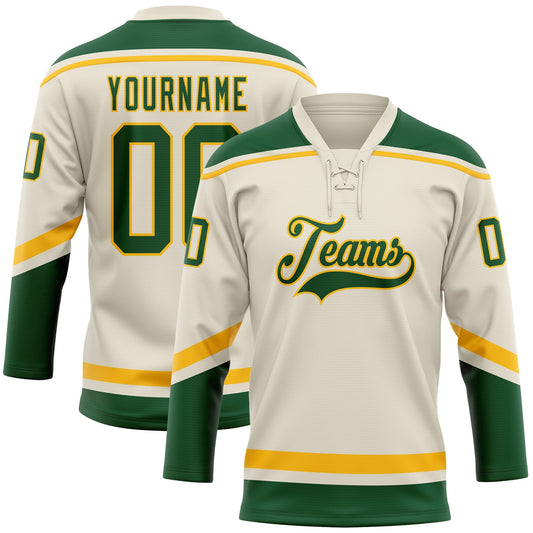 Custom Cream Green-Gold Hockey Lace Neck Jersey - Sky-Custom