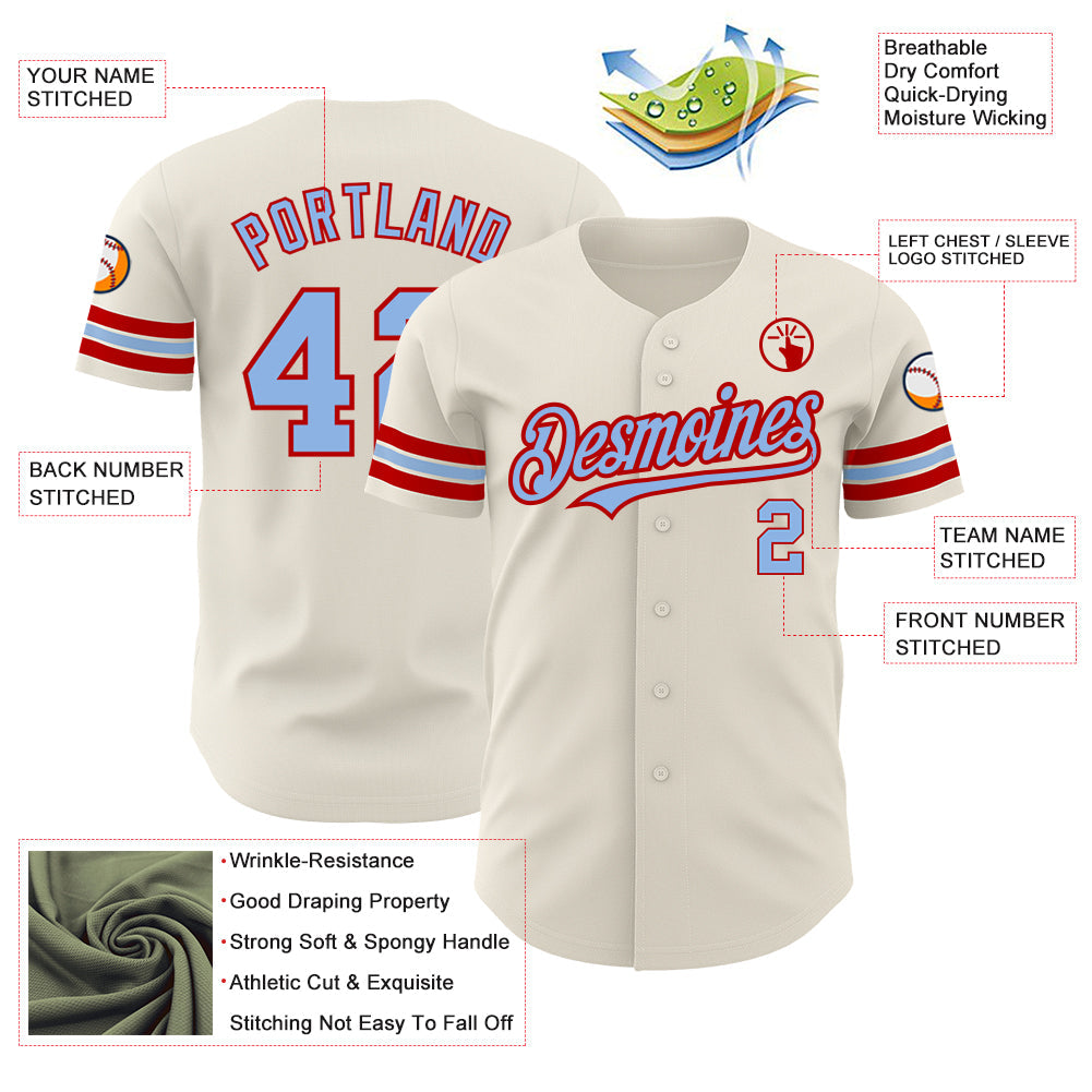 Custom Cream Light Blue-Red Authentic Baseball Jersey - Sky-Custom