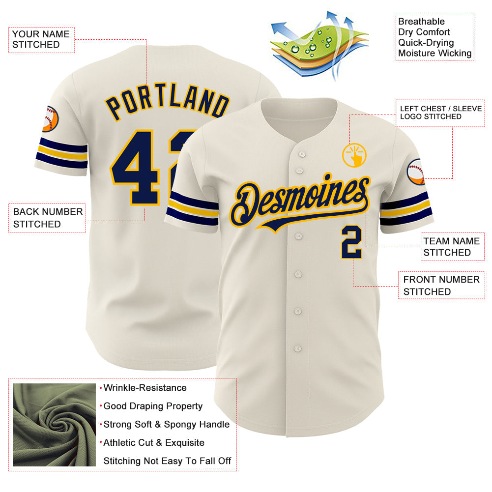 Custom Cream Navy-Gold Authentic Baseball Jersey - Sky-Custom