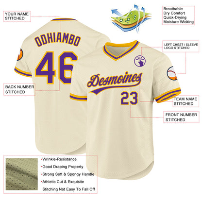 Custom Cream Purple-Gold Authentic Throwback Baseball Jersey - Sky-Custom