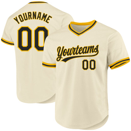 Custom Cream Black-Gold Authentic Throwback Baseball Jersey - Sky-Custom