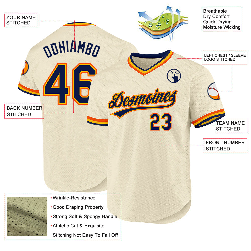 Custom Cream Navy Gold-Orange Authentic Throwback Baseball Jersey - Sky-Custom