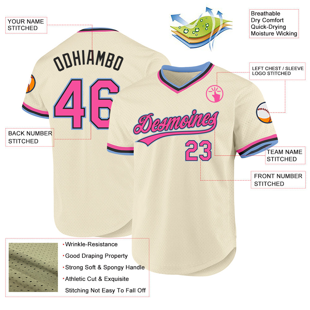 Custom Cream Pink Black-Light Blue Authentic Throwback Baseball Jersey - Sky-Custom
