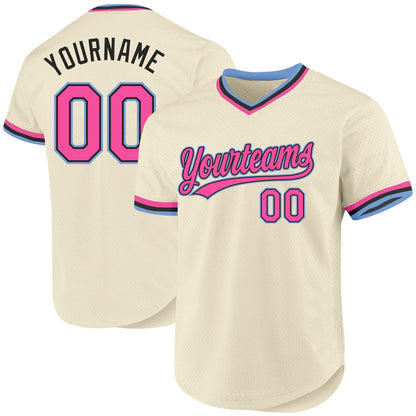 Custom Cream Pink Black-Light Blue Authentic Throwback Baseball Jersey - Sky-Custom