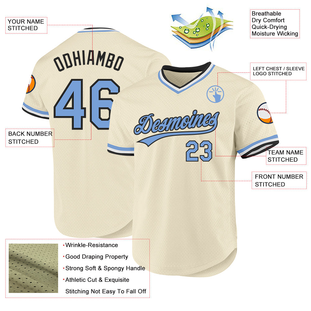 Custom Cream Light Blue-Black Authentic Throwback Baseball Jersey - Sky-Custom