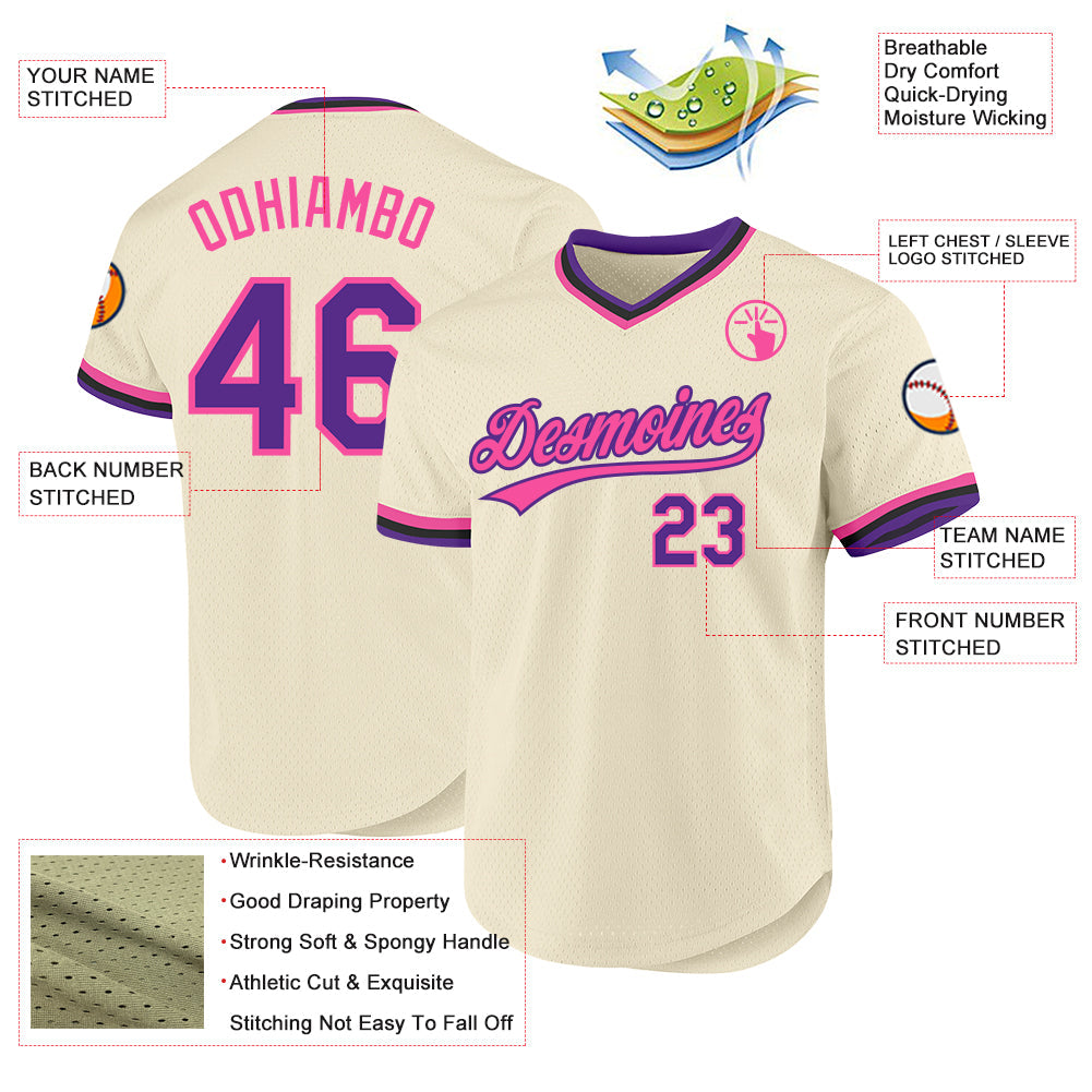 Custom Cream Purple Pink-Black Authentic Throwback Baseball Jersey - Sky-Custom