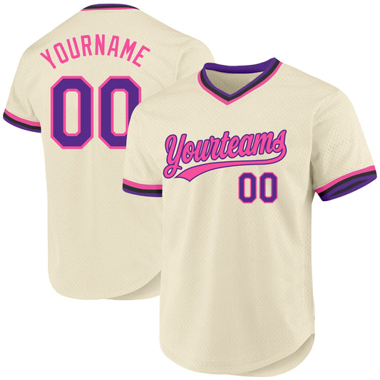 Custom Cream Purple Pink-Black Authentic Throwback Baseball Jersey - Sky-Custom