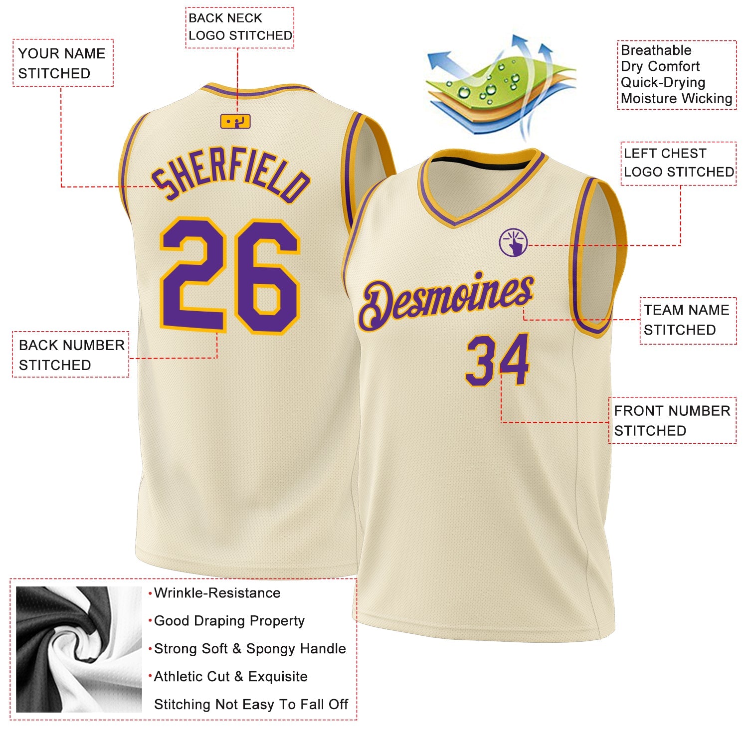 Custom Cream Purple-Gold Authentic Throwback Basketball Jersey - Sky-Custom