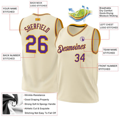 Custom Cream Purple-Gold Authentic Throwback Basketball Jersey - Sky-Custom