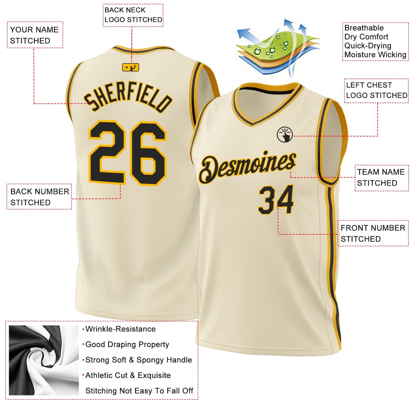 Custom Cream Black-Gold Authentic Throwback Basketball Jersey - Sky-Custom