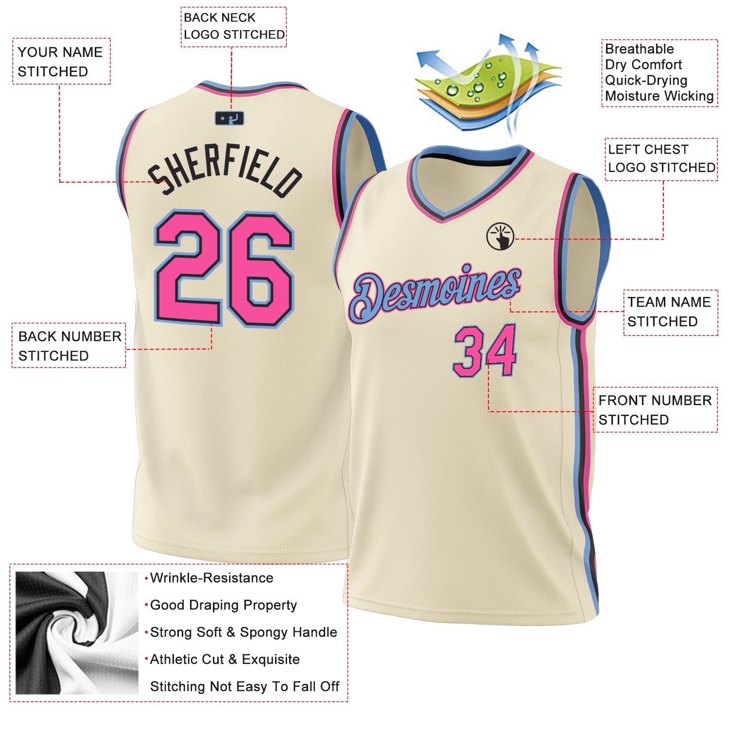 Custom Cream Pink Black-Light Blue Authentic Throwback Basketball Jersey - Sky-Custom