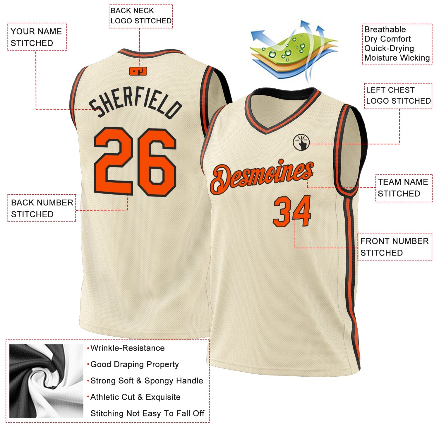 Custom Cream Orange-Black Authentic Throwback Basketball Jersey - Sky-Custom