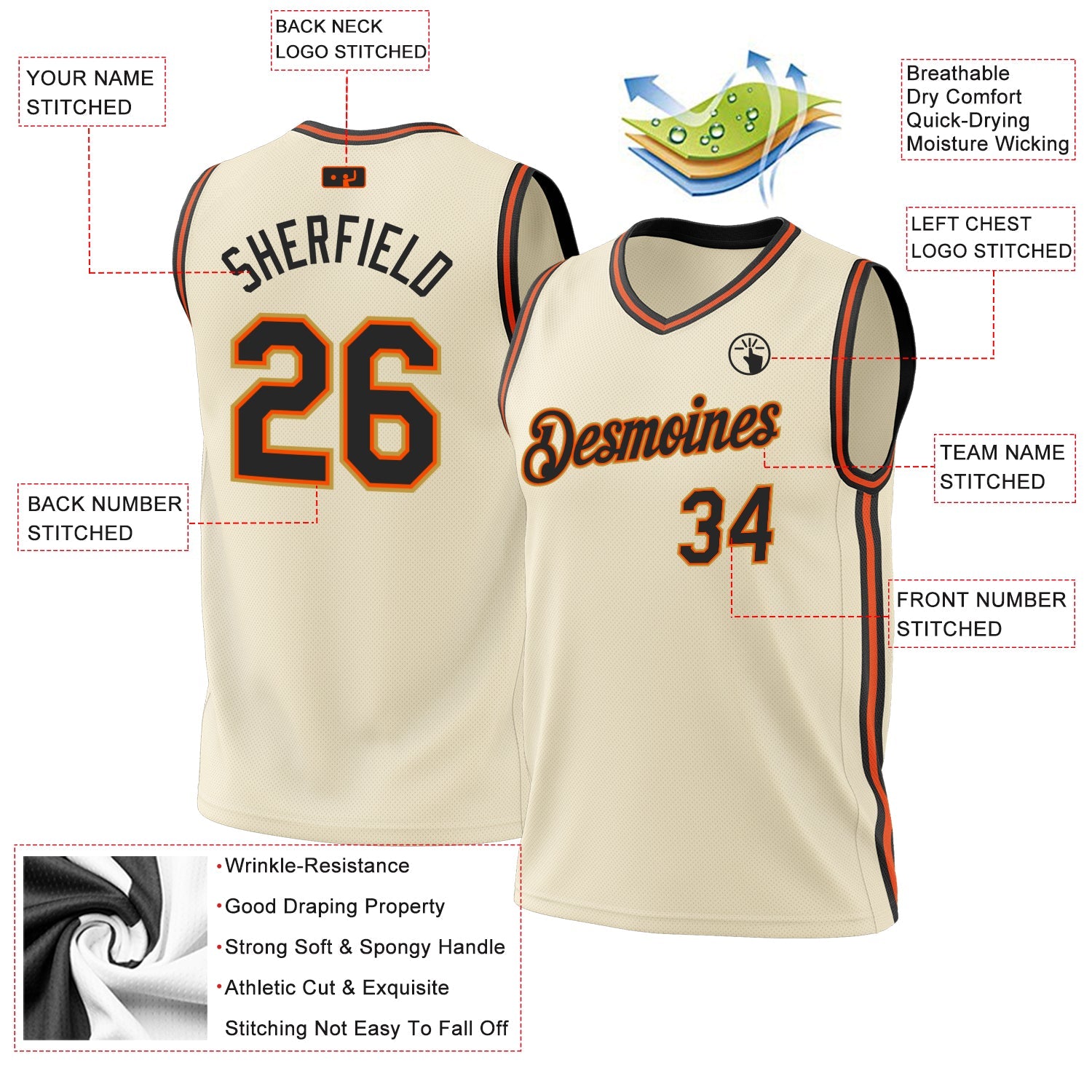 Custom Cream Black Orange-Old Gold Authentic Throwback Basketball Jersey - Sky-Custom