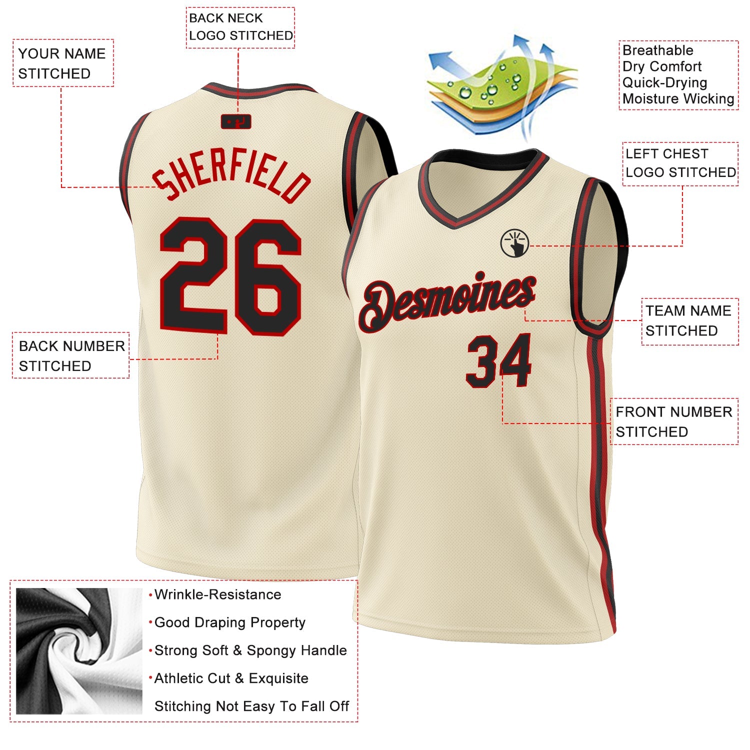 Custom Cream Black-Red Authentic Throwback Basketball Jersey - Sky-Custom