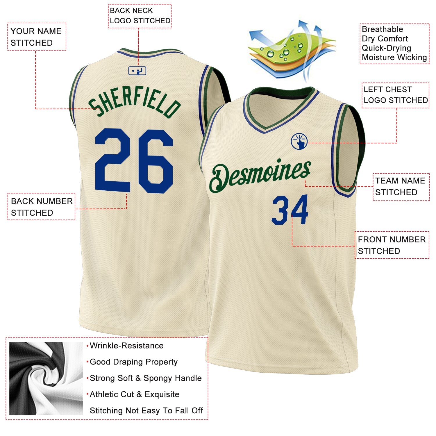 Custom Cream Royal-Green Authentic Throwback Basketball Jersey - Sky-Custom