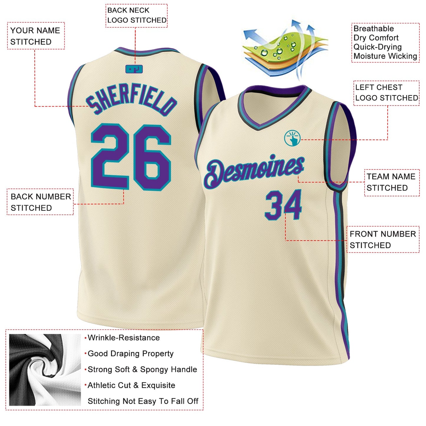 Custom Cream Purple Teal-Black Authentic Throwback Basketball Jersey - Sky-Custom