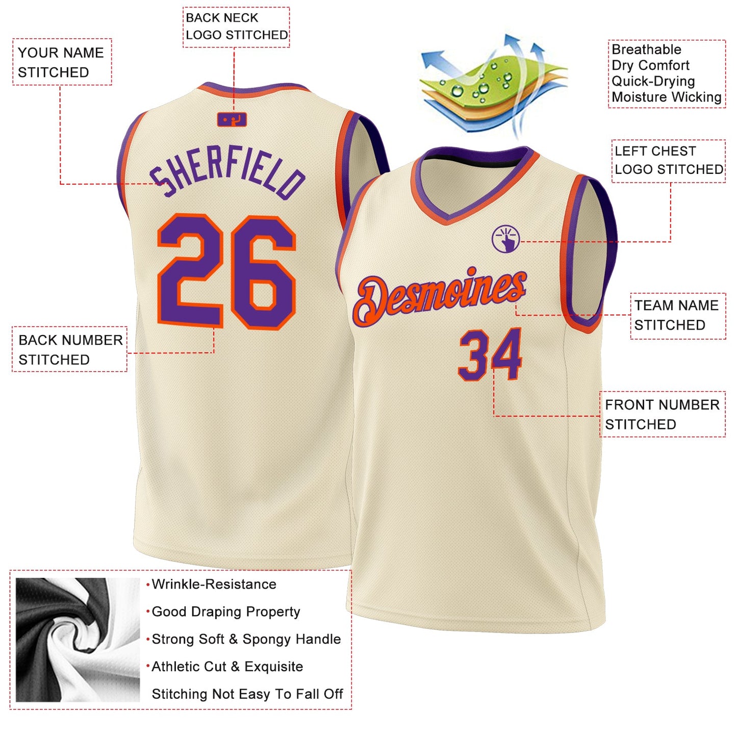 Custom Cream Purple-Orange Authentic Throwback Basketball Jersey - Sky-Custom