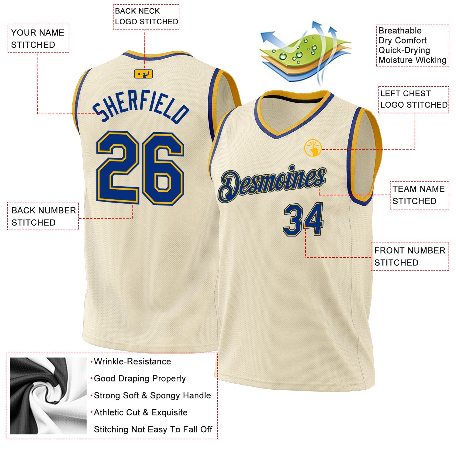 Custom Cream Royal-Gold Authentic Throwback Basketball Jersey - Sky-Custom